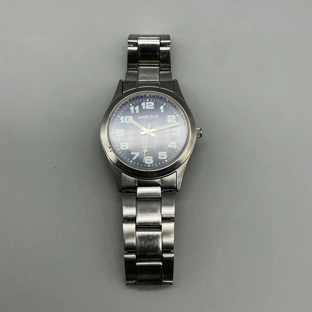 Watch-it Mens Watch 36mm Blue Dial Silver Tone Bracelet New Battery 8